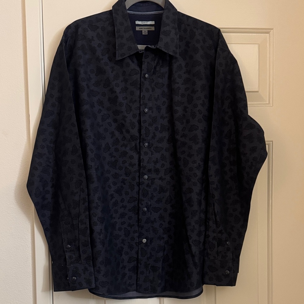 Johnston & Murphy Dark Blue Paisley Print Snap Button-Up Shirt
